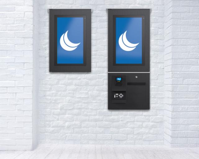  Wall-Mounted Outdoor Kiosk, shown with and without peripherals